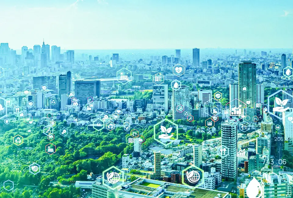 City skyline with trees in the bottom left corner with a blue/green gradient overlay and sustainability icons floating all over the image.