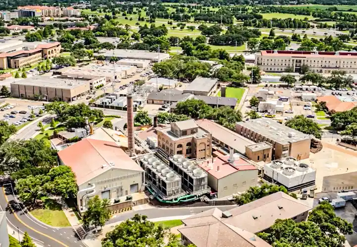 aerial view of campus district energy plant with central facility and surrounding buildings